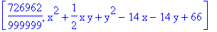 [726962/999999, x^2+1/2*x*y+y^2-14*x-14*y+66]